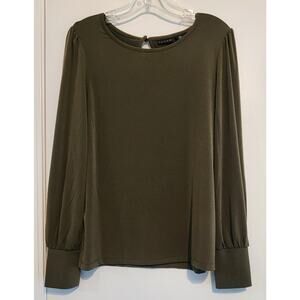 Tahari Olive Green Blouse, Romantic, Feminine Long Sleeves, Stretch, sz L